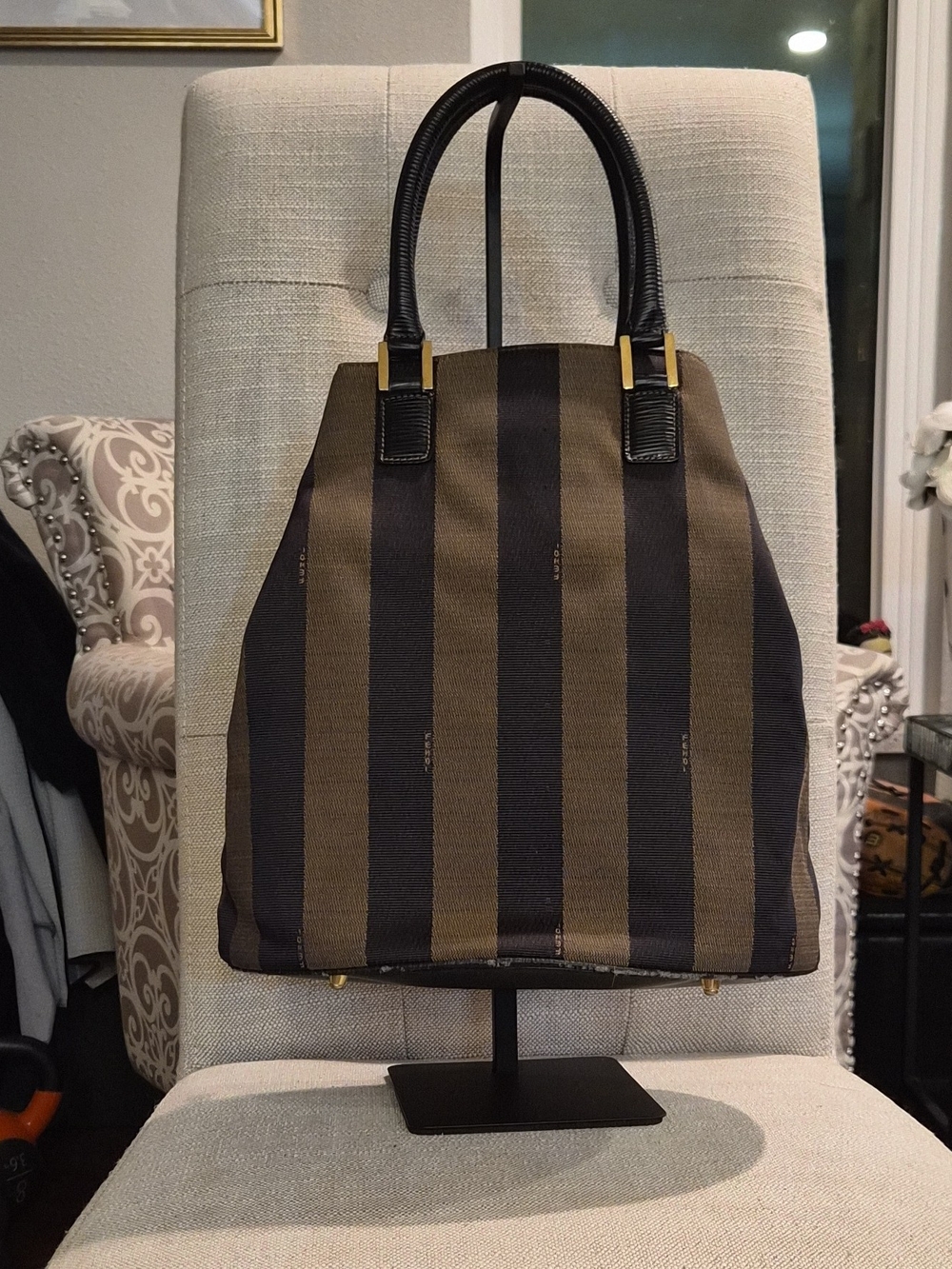 Fendi Pequin Canvas Bucket Tote Bag Vintage Stripe Black Brown Top Handle